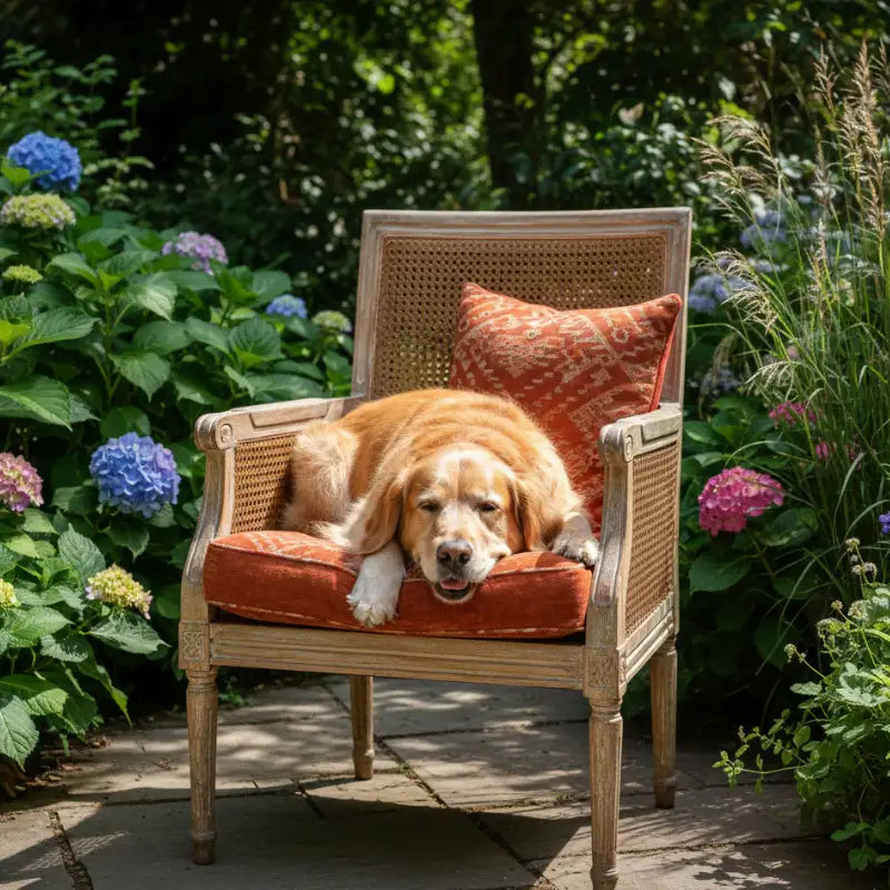 Retriever doré reposant sur une chaise en canne rembourrée orange avec un coussin assorti.