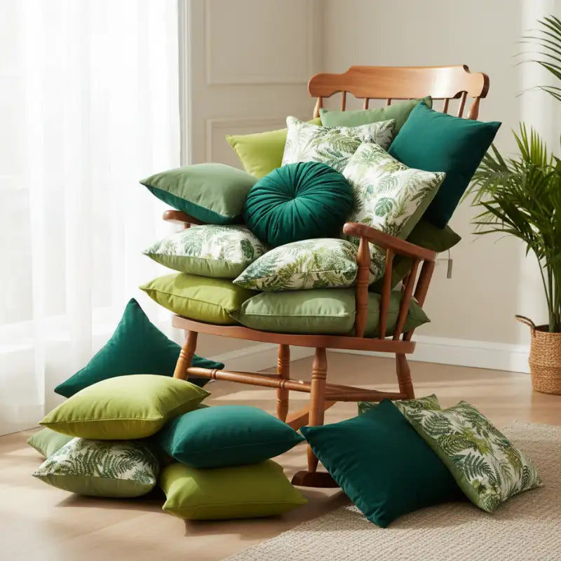 Un fauteuil à bascule en bois confortable débordant d'une assortiment d'oreillers verts moelleux en diverses nuances et motifs, incluant du velours uni et des imprimés botaniques à feuilles.