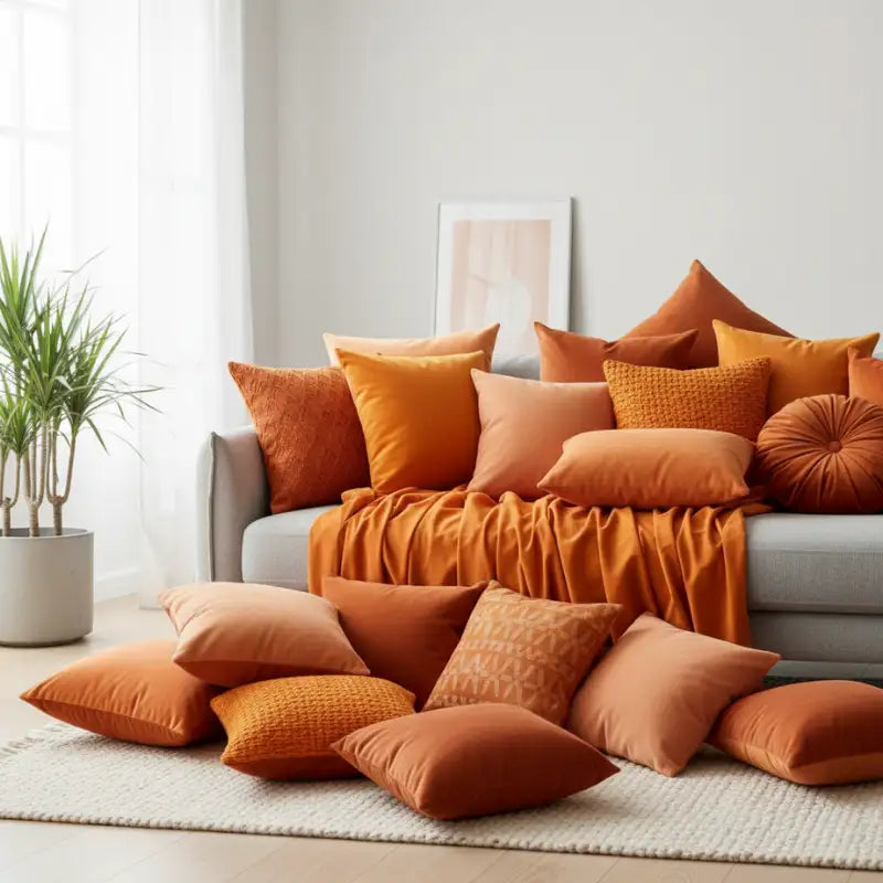 Un canapé gris confortable orné d'une collection vibrante de coussins décoratifs orange et terre cuite dans diverses textures, y compris velours et motifs tissés.