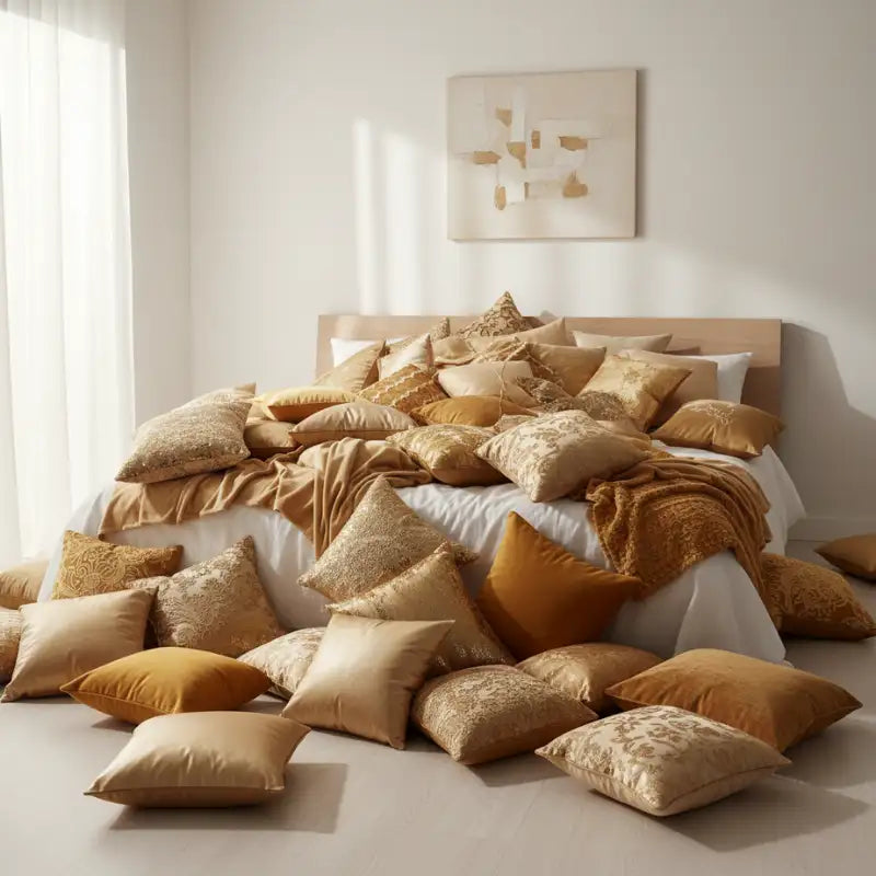 Un lit luxueux orné d'une abondance d'oreillers dorés et moutarde, chacun présentant des motifs brodés complexes sur un tissu doux semblable à du satin.