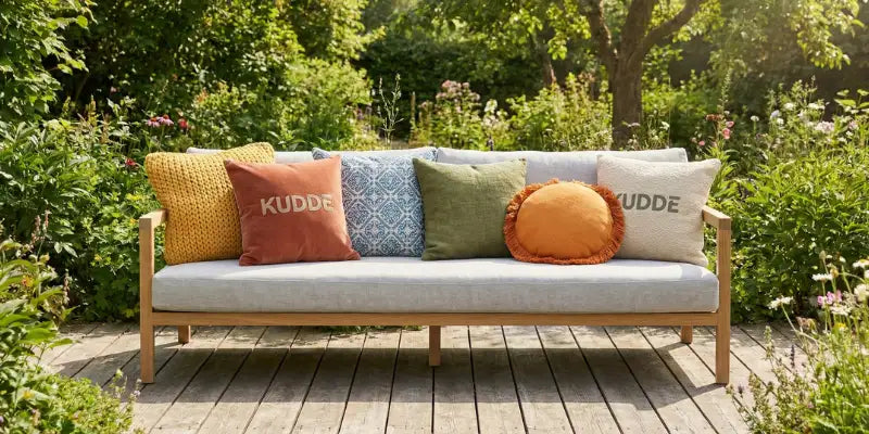 Canapé d'extérieur rembourré gris clair avec cadre en bois et coussins décoratifs colorés présentant le mot « kudde » dans divers motifs et couleurs.