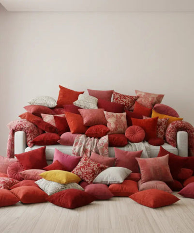 canapé avec de nombreux coussins rouges éparpillés