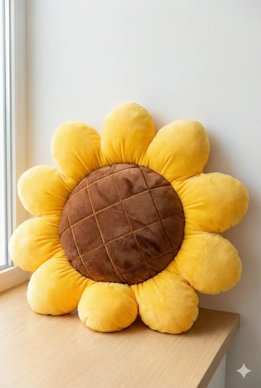 Un coussin moelleux en forme de tournesol avec des pétales jaunes vifs et un centre brun matelassé.