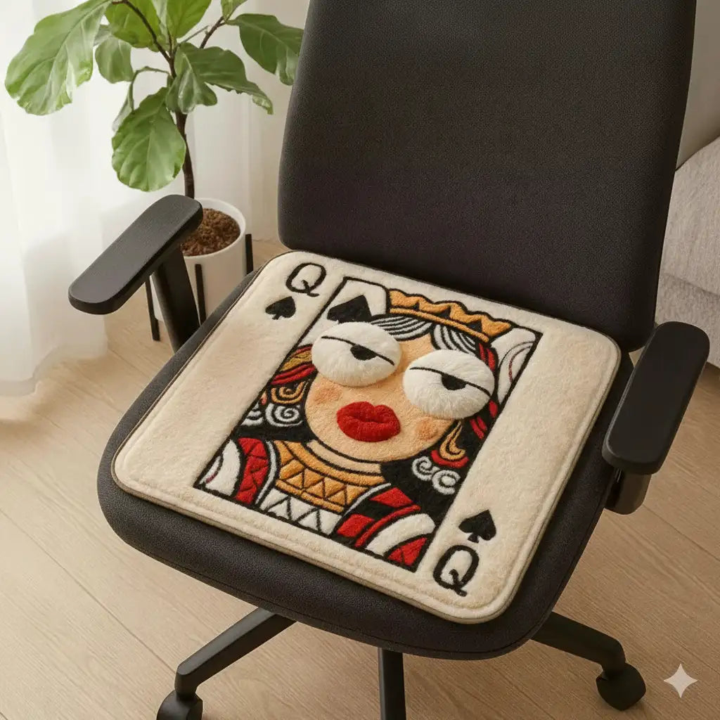 Coussin de chaise en tissu pelucheux de couleur crème orné d'un motif brodé ludique de la dame de pique avec des yeux blancs surdimensionnés et des lèvres rouges.