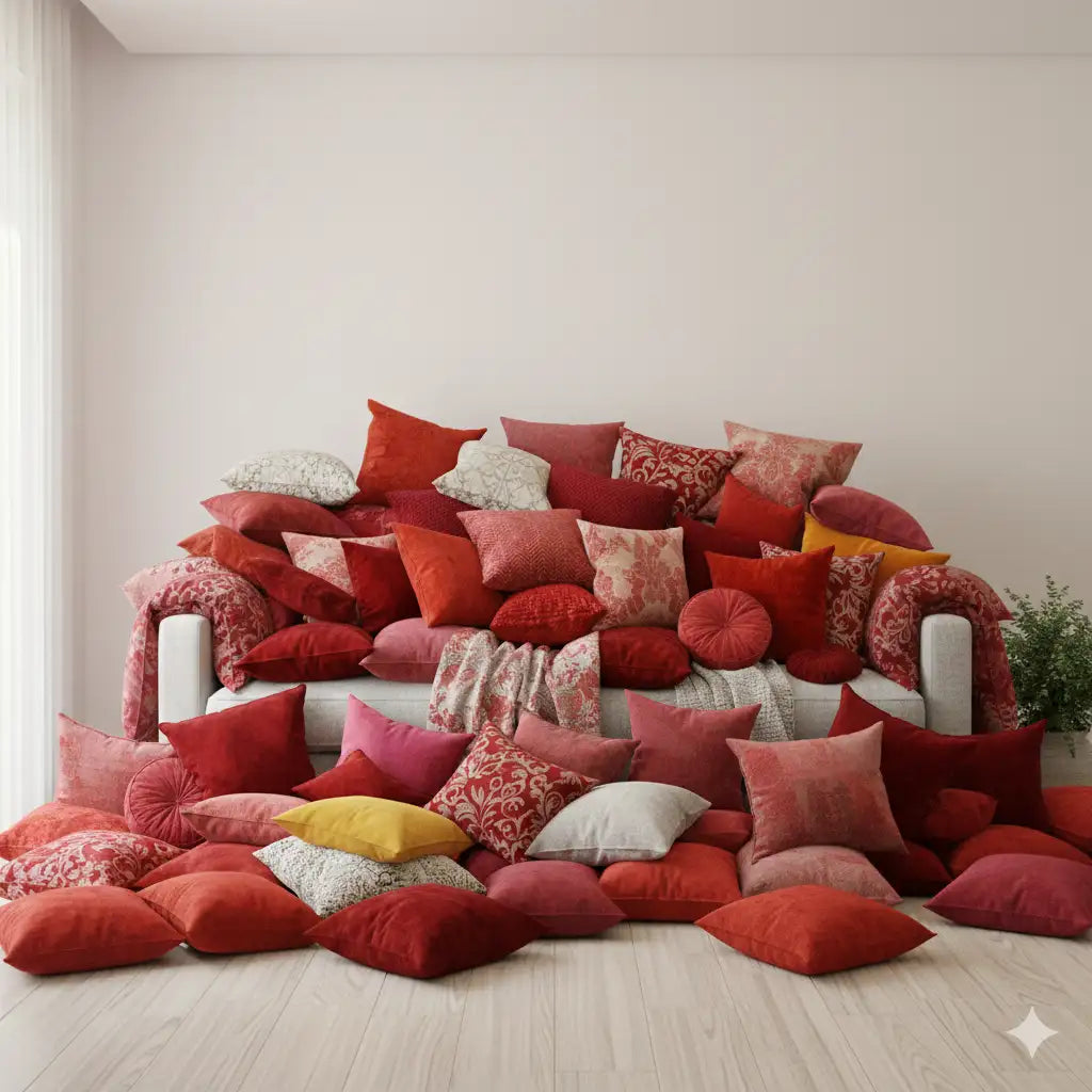 Un canapé blanc confortable empilé haut avec une assortiment d'oreillers de jet rouges, roses et beiges dans diverses textures et motifs.