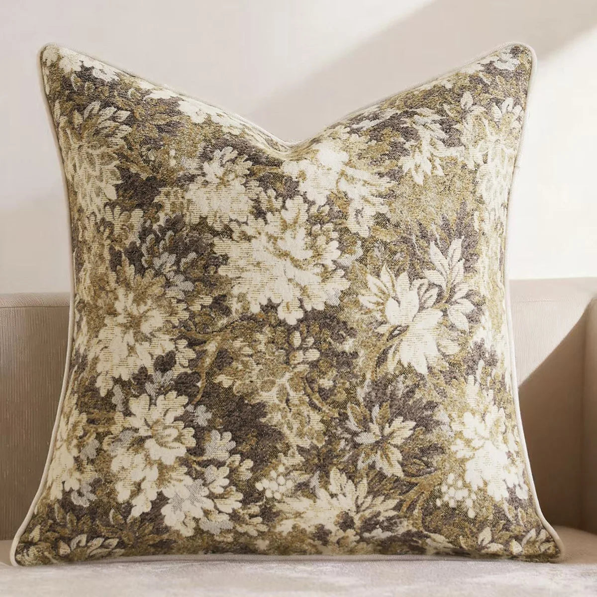 Housse de coussin fleuri - beige