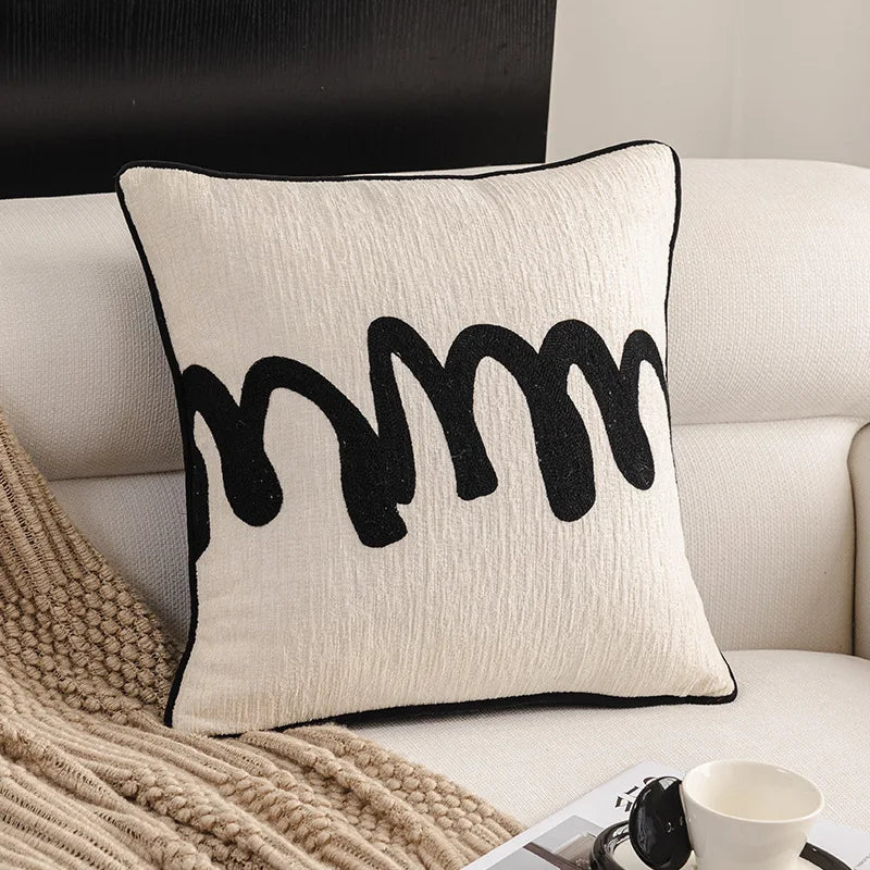 Housse de coussin noir et blanc - courbes