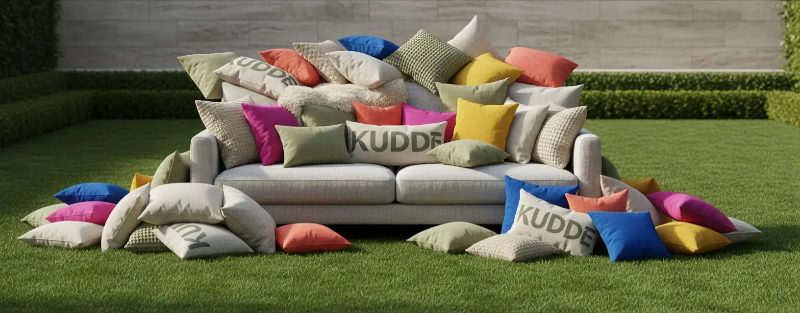 Un canapé moderne, gris clair, orné d'une assortiment vibrant d'oreillers colorés arborant le logo « kudd ».