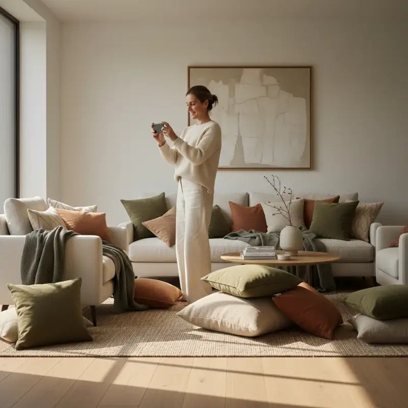 Femme en pull tricot beige clair et pantalon large assorti debout à l'intérieur