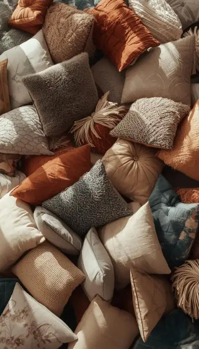 Un tas douillet d'oreillers de jet aux tons terreux dans diverses textures et motifs, incluant des tissus moelleux, matelassés et tissés.