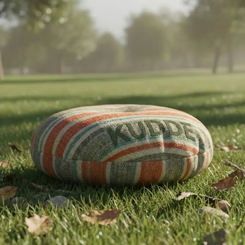 Un pouf rond rembourré avec des rayures horizontales de tissu orange, turquoise et beige, arborant le mot « kudde » brodé en vert foncé.